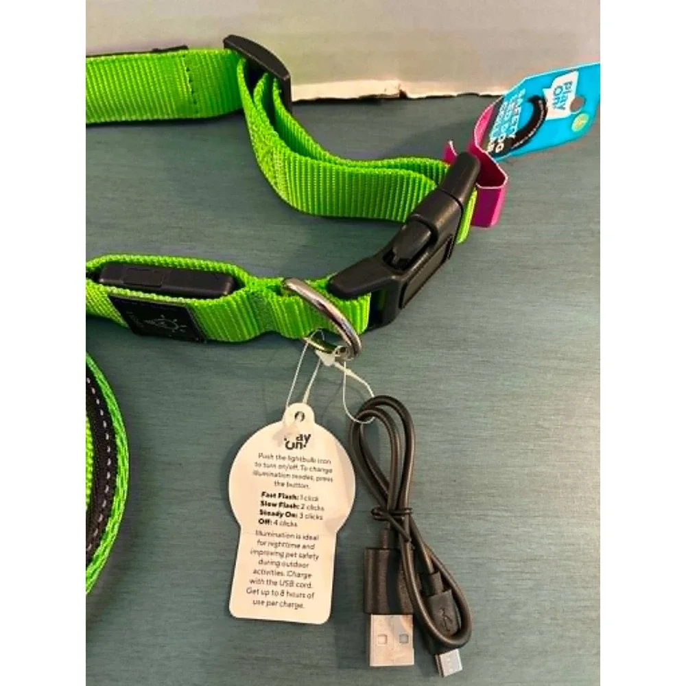Play On LED Dog Leash and Collar Set M/L Green New USB Rechargeable Safety